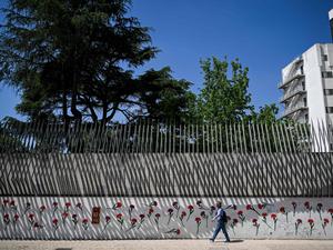 Ein Mann geht am 19. April 2024 in Lissabon an den mit roten Nelken geschmückten Wänden der Universität für Sozial- und Humanwissenschaften vorbei. 