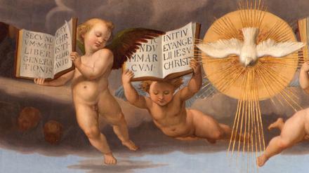 Der Heilige Geist naht, Engel tragen die Botschaften der Evangelien. Ein Gemälde aus der Sammlung der Raffael-Kopien im Orangerieschloss in Sanssouci. 