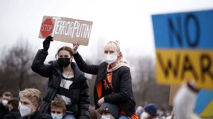 Auf den Plakaten standen Sprüche wie "Stop Terror Putin". 