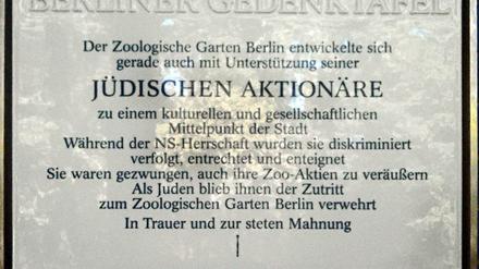 Gedenktafel für die jüdischen Zoo-Aktionäre.