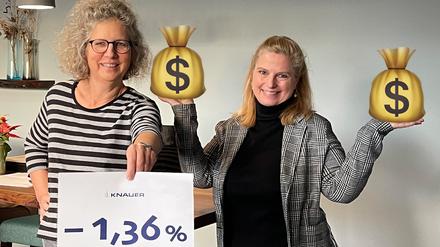 Geschäftsführerin Alexandra Knauer und die Gleichstellungsbeauftragte Katharina Pohl freuen sich über den kleinsten Gender Pay Gap der Firmengeschichte.