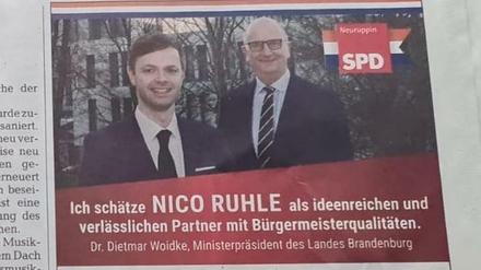 Wahlwerbung der SPD in der Samstagsausgabe der MAZ-Lokalausgabe in Neuruppin.
