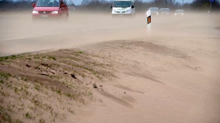 Wieder hat stürmischer Wind wie hier auf der B105 zwischen Stralsund und Greifswald Sand von Äckern auf die Straße geweht.
