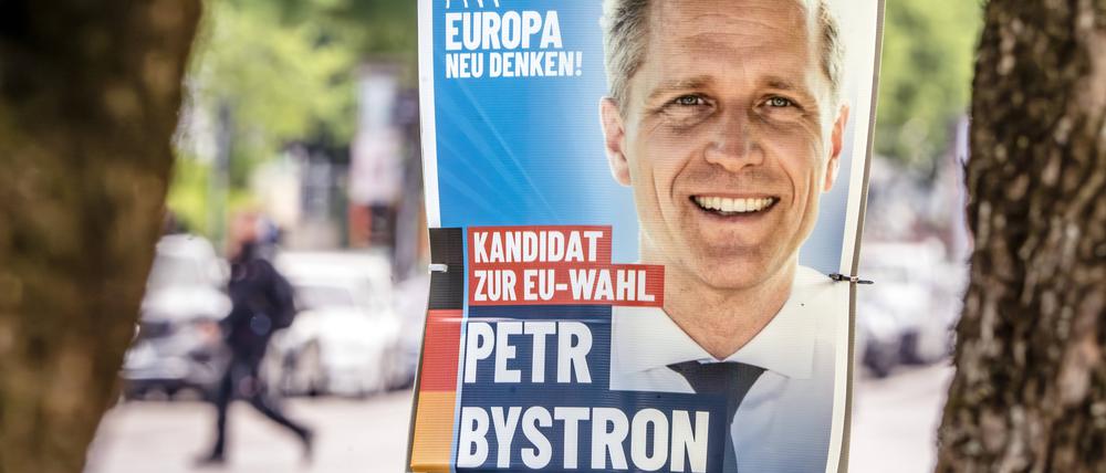 AfD-Wahlplakat mit Kandidat Petr Bystron zur Europawahl.