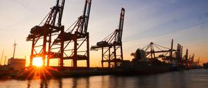 Containerbrücken im Hamburger Hafen: Vor allem Exporte und Investitionen stützten die deutsche Wirtschaft im ersten Quartal 2023.