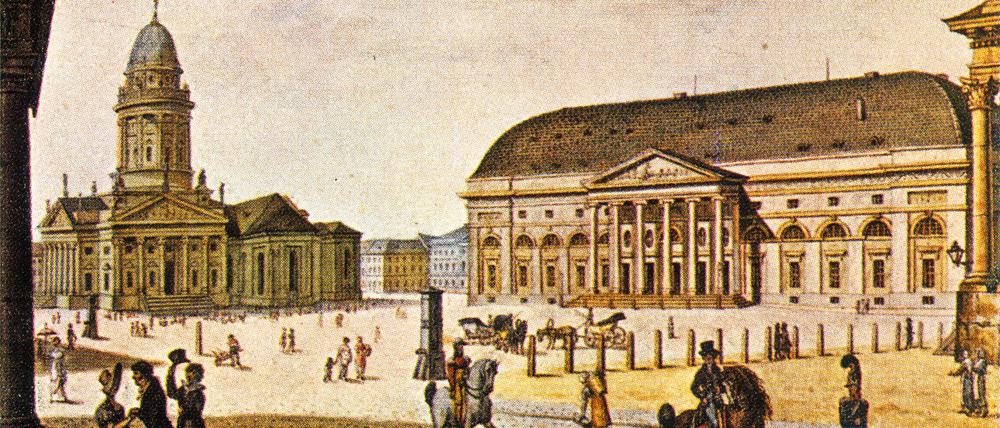 Der Gendarmenmarkt mit dem altem Schauspielhaus und dem Deutschen Dom (Aquarell von Friedrich August Calau, ca. 1815)