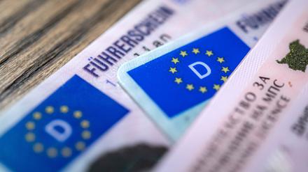 Ein bulgarischer und zwei deutsche Führerscheine liegen auf einem Tisch. Der Verkehrsausschuss im EU-Parlament stimmt über Vorschläge zu neuen EU-Führerscheinregeln ab. 