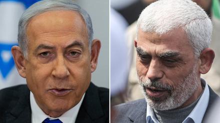 Die Bildkombo zeigt Benjamin Netanjahu, Ministerpräsident von Israel (l, Archivfoto vom 24.12.2023) und den Anführer der Terrororganisation Hamas im Gazastreifen, Jihia al-Sinwar, (Archivfoto vom 30.03.2022). 
