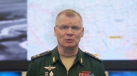 Der Sprecher des russischen Verteidigungsministeriums bei einem Videoauftritt. 