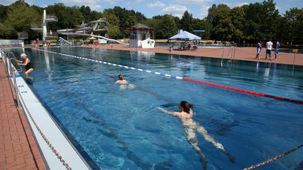 Schwimmerinnen ziehen im Becken im Sommerbad Pankow ihre Bahnen. 