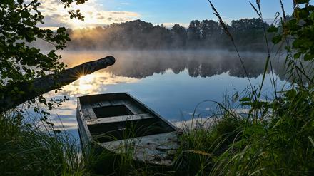 Im Gegenlicht der Morgensonne steigt Nebel vom Tiefen See bei Beeskow auf.