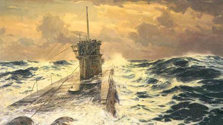 Aufgetaucht. Claus Bergens Bild „Im Kampfgebiet des Atlantik“ (vor 1941, 180 mal 320 Zentimeter) glorifiziert den Krieg zu Wasser. Hitler selbst kaufte es an. 