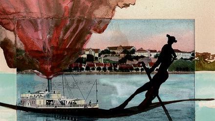 Ein Gondoliere auf dem Bodensee? Eine der Postkarten, die Cornelia Schleime für das „Traumbuch“ von Martin Walser neu inszeniert hat. 
