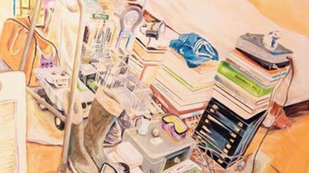 Mit Kerstin Drechsel ging die Galerie an den Start. Nun zeigt sie ein Bild, auf dem sich vor einem Bett die Büchen und Kannen türmen (Ausschnitt).