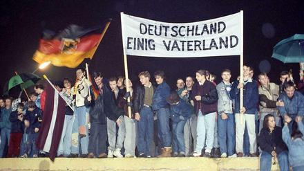 Einheitsgeschichte: 1989 auf der Mauer beim Brandenburger Tor.