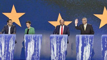 Die Spitzenkandidaten der fünf großen Parteiengruppen Europas (v.l.): Alexis Tsipras (Linke), Ska Keller (Grüne) Martin Schulz (SPD), Jean-Claude Juncker (Konservative) und Guy Verhofstadt (Liberale).