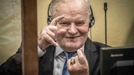 Lächelnder Verbrecher. Ratko Mladic, einst Anführer der bosnischen Serben, in der Den Haager Verteidigungskabine. 