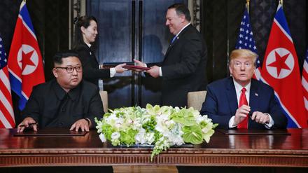 Präsident Donald Trump (r) und der Machthaber von Nordkorea Kim Jong Un (l) unterzeichnen die gemeinsame Vereinbarung. 
