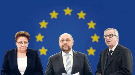Die Chefs der Institutionen: Laimdota Straujuma (Lettische Ministerprasidentin/EU-Ratsvorsitz), Martin Schulz (EU-Parlamentspräsident), Jean-Claude Juncker (EU-Kommissionspräsident)