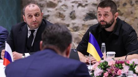 Die ukrainischen Unterhändler Rustem Umerov and David Arakhamia (r.) bei den Gesprächen mit Russland.