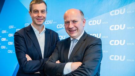 Teambildung. Kai Wegner (r.), Kandidat der Berliner CDU für den Landesvorsitz der CDU, stellt den bisherigen Generalsekretär Stefan Evers auch als seinen möglichen künftigen Generalsekretär vor. 