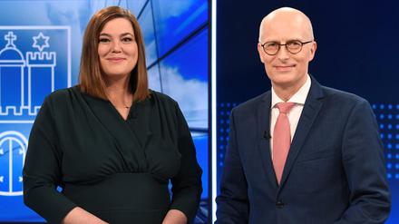 Regierungspartner Peter Tschentscher (SPD) and Katharina Fegebank (Grüne) beim TV-Duell. Cum-Ex war dabei ein Thema.