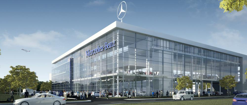Fahren und fliegen. Am Rande des Flughafengeländes in Schönefeld entsteht bis zum Jahresende das Airportcenter von Mercedes-Benz. 