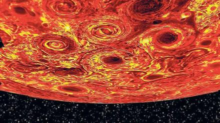 Polarstürme. An den Polen des Jupiters haben die Infrarotsensoren der Raumsonde Juno in der Tiefe der Atmosphäre des Planeten riesige Wirbelstürme gemessen